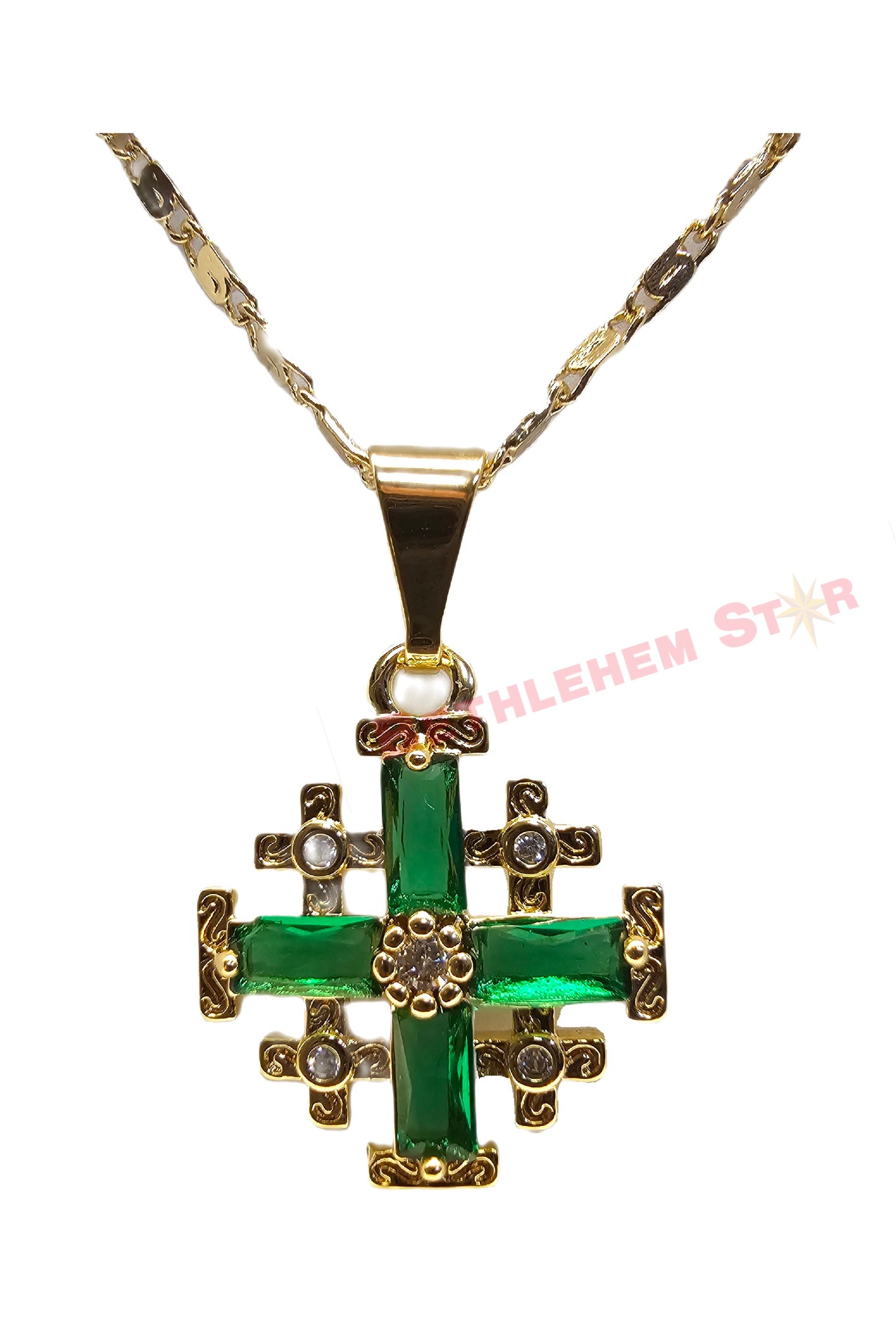 Gold Plated Jerusalem Cross Pendant green Garnet Crystallized 20"Necklace