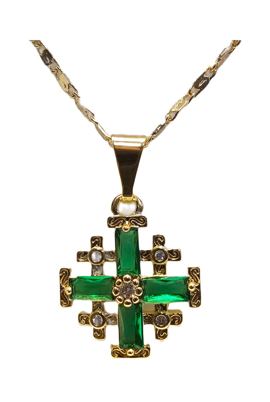 Gold Plated Jerusalem Cross Pendant green Garnet Crystallized 20"Necklace