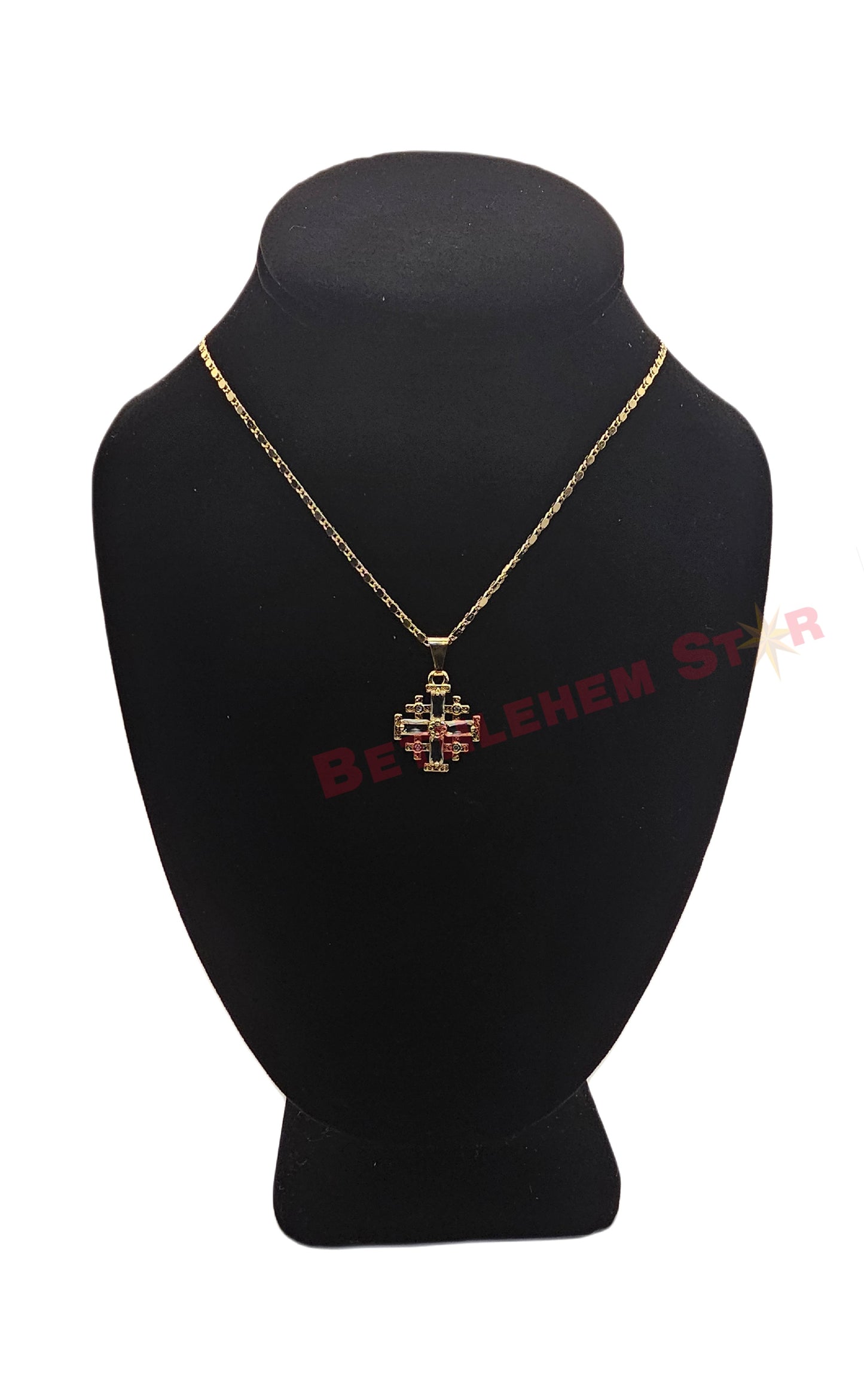 Gold Plated Jerusalem Cross Pendant clear Garnet Crystallized 20"Necklace