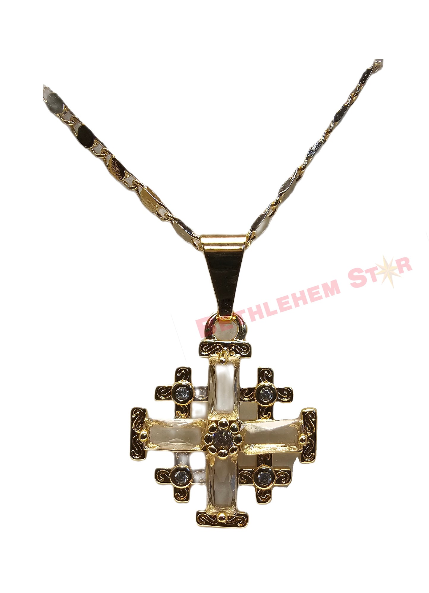 Gold Plated Jerusalem Cross Pendant clear Garnet Crystallized 20"Necklace