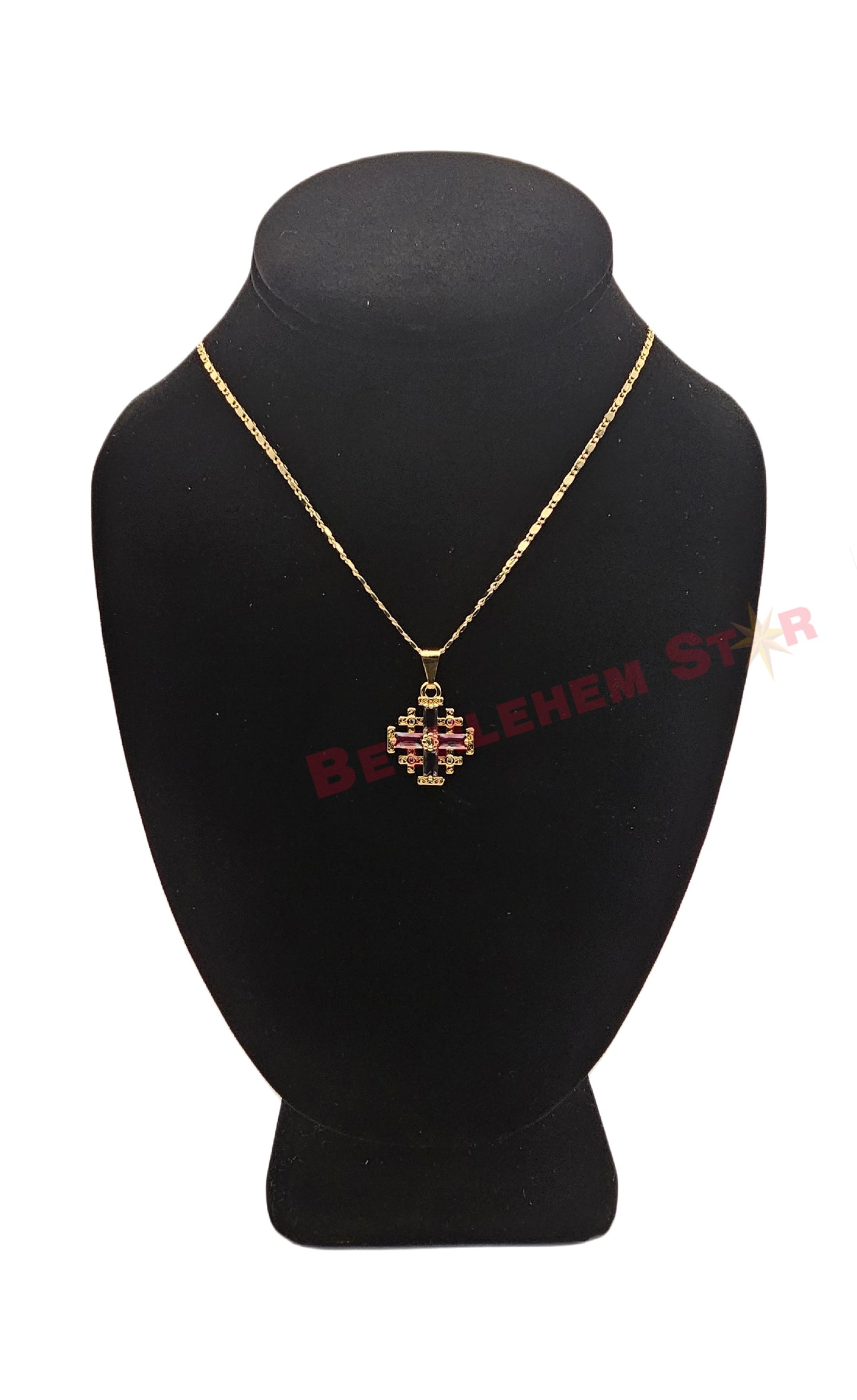 Gold Plated Jerusalem Cross Pendant light purple Garnet Crystallized 20"Necklace