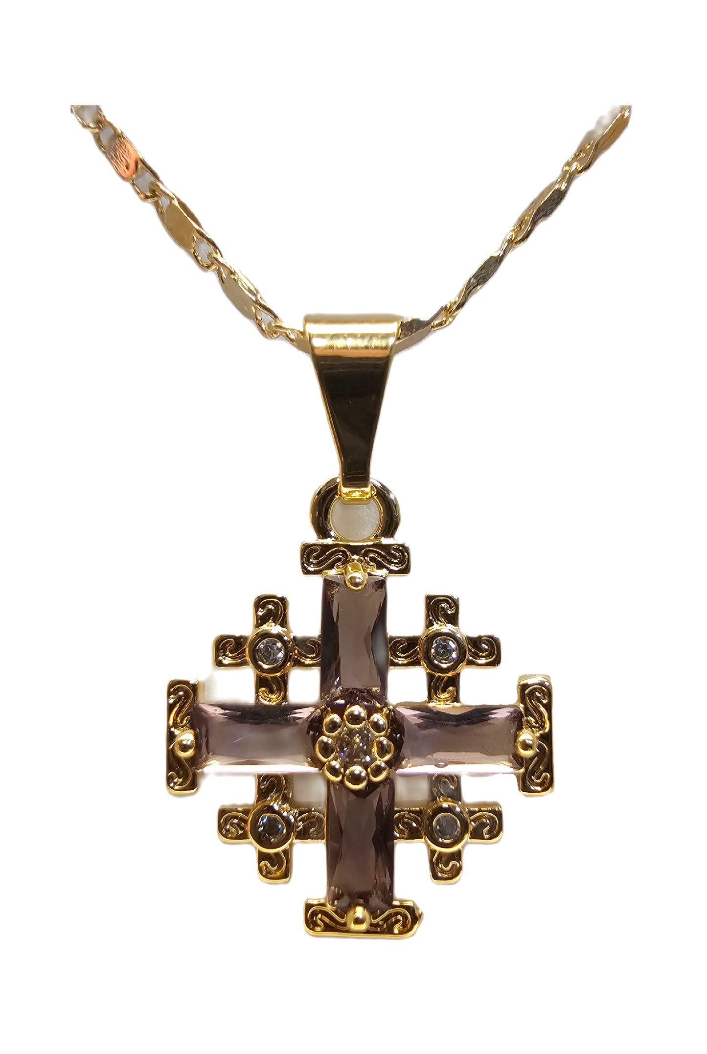 Gold Plated Jerusalem Cross Pendant light purple Garnet Crystallized 20"Necklace