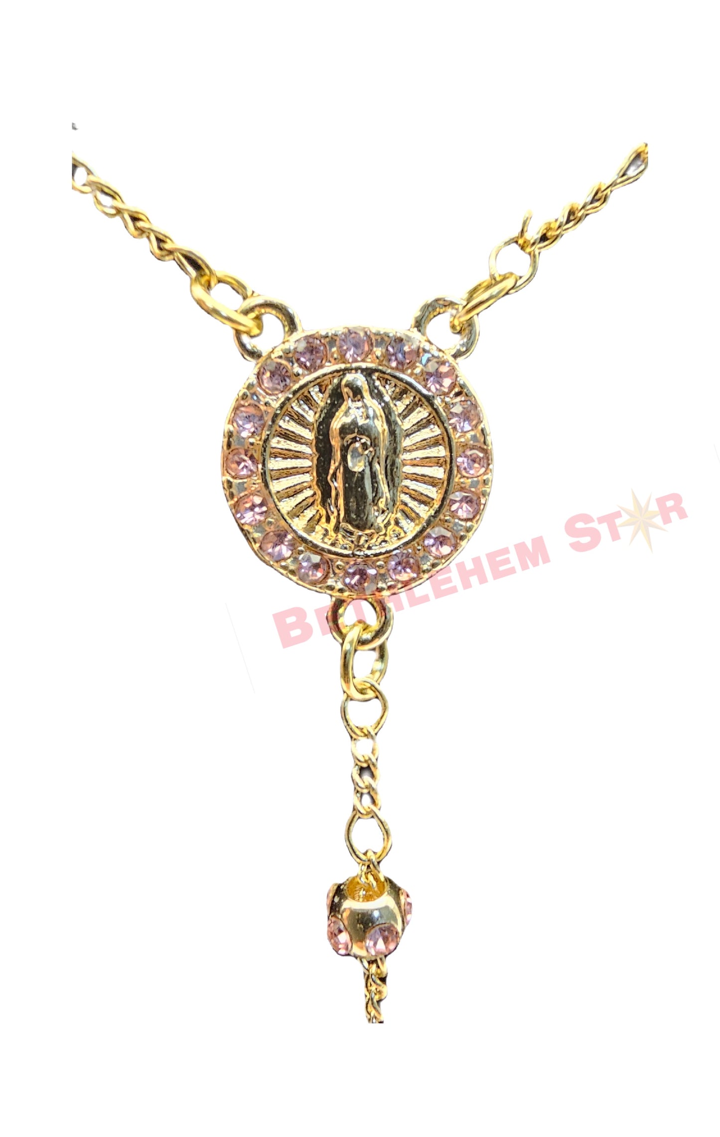 Virgin Mary Rosary with Pink Crystal Beads