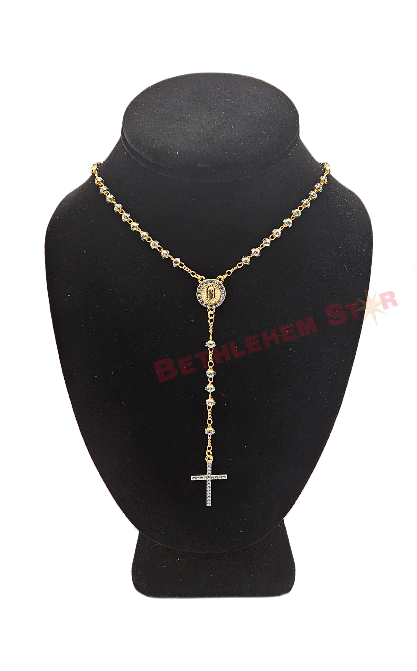 Virgin Mary Rosary with Blue Crystal Beads