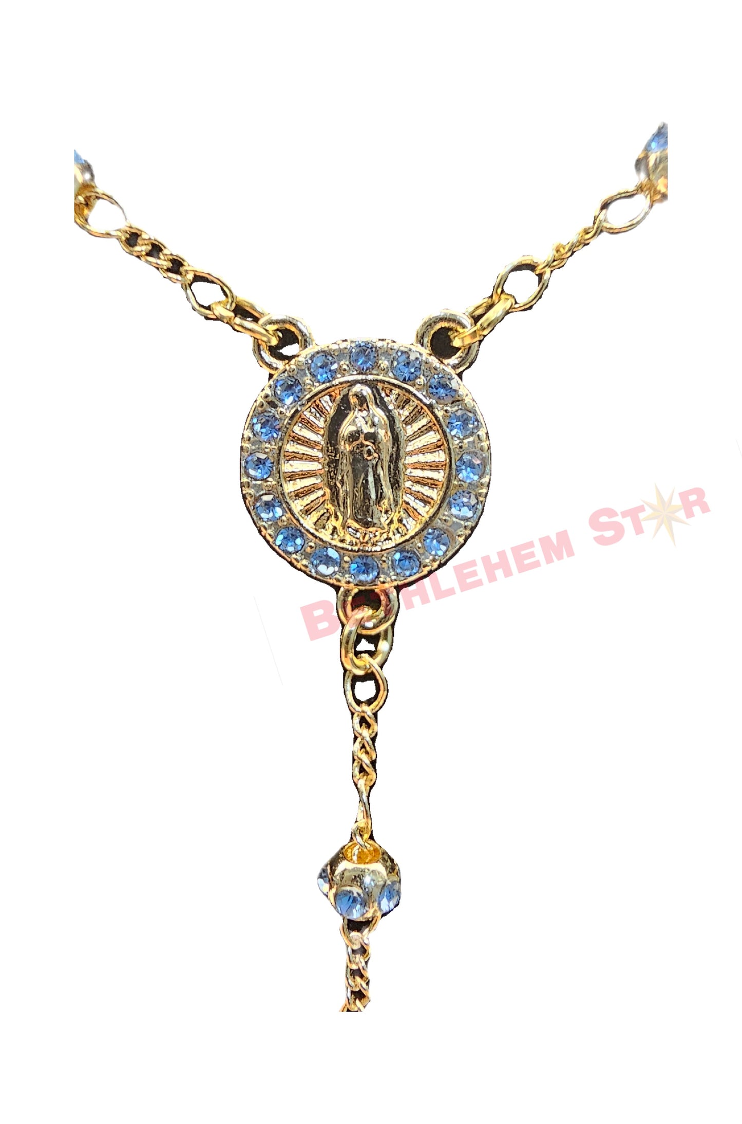 Virgin Mary Rosary with Blue Crystal Beads