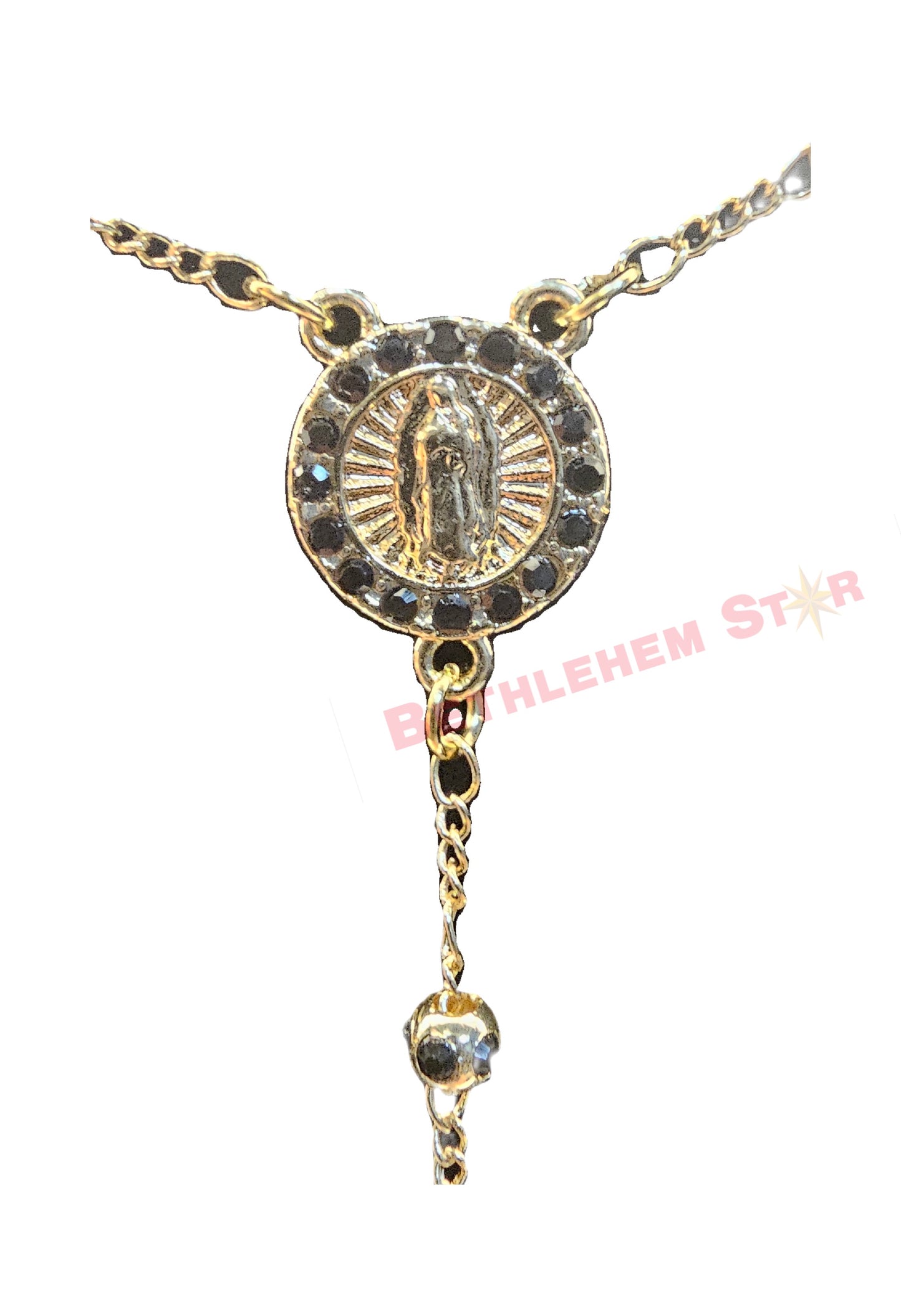 Virgin Mary Rosary with Black Crystal Beads