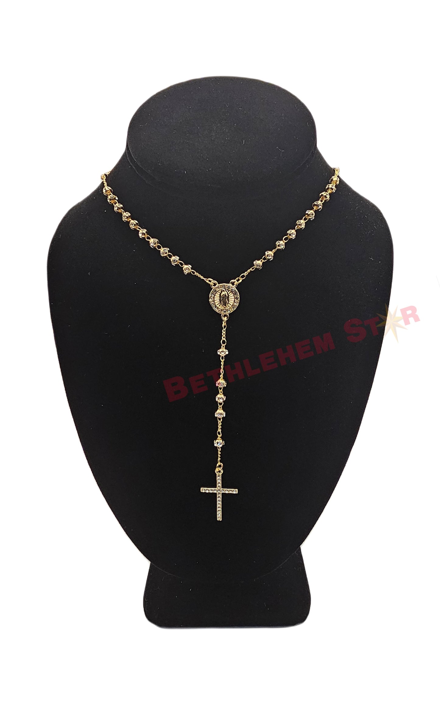 Beautiful Virgin Mary Rosary, 18k gold plated high quality Clear crystal beads