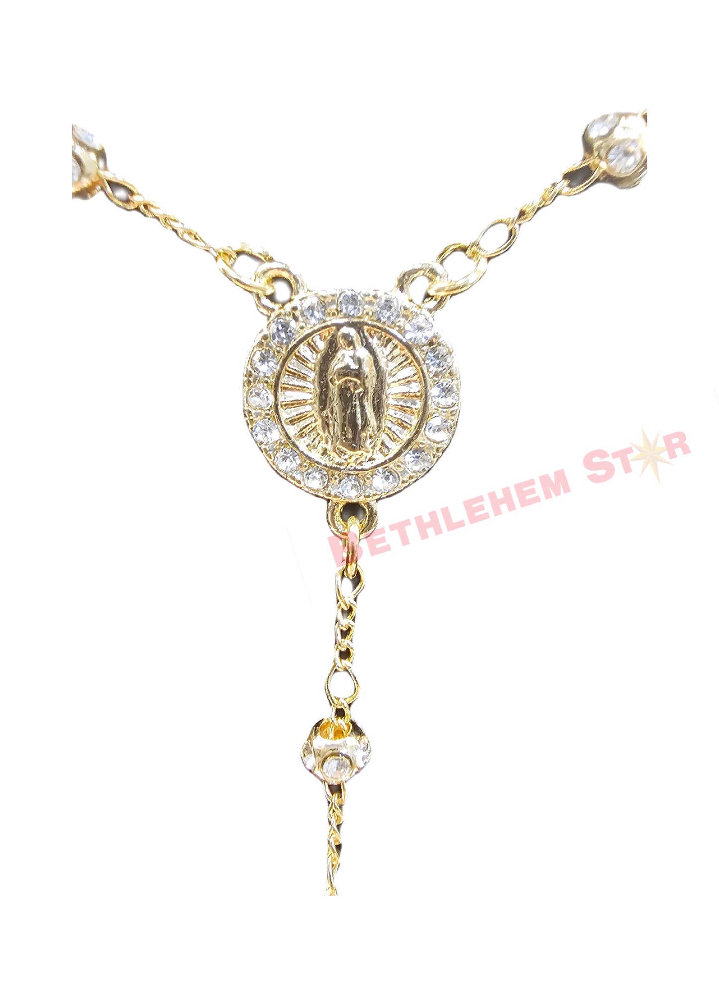 Beautiful Virgin Mary Rosary, 18k gold plated high quality Clear crystal beads