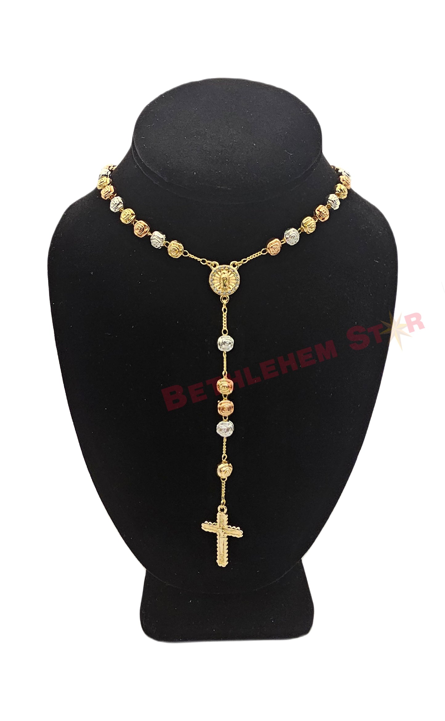 Gold Plated Virgin Mary Rosary with Floral Beads