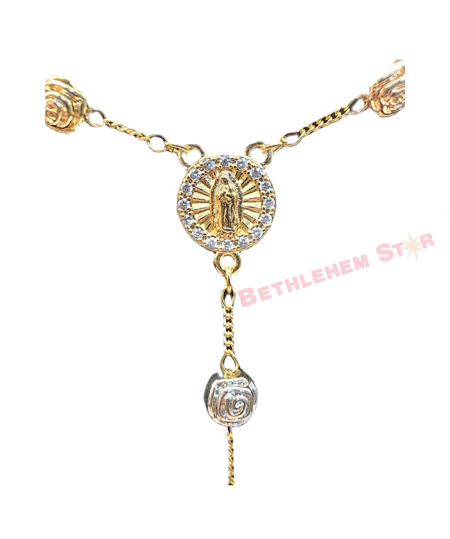 Gold Plated Virgin Mary Rosary with Floral Beads