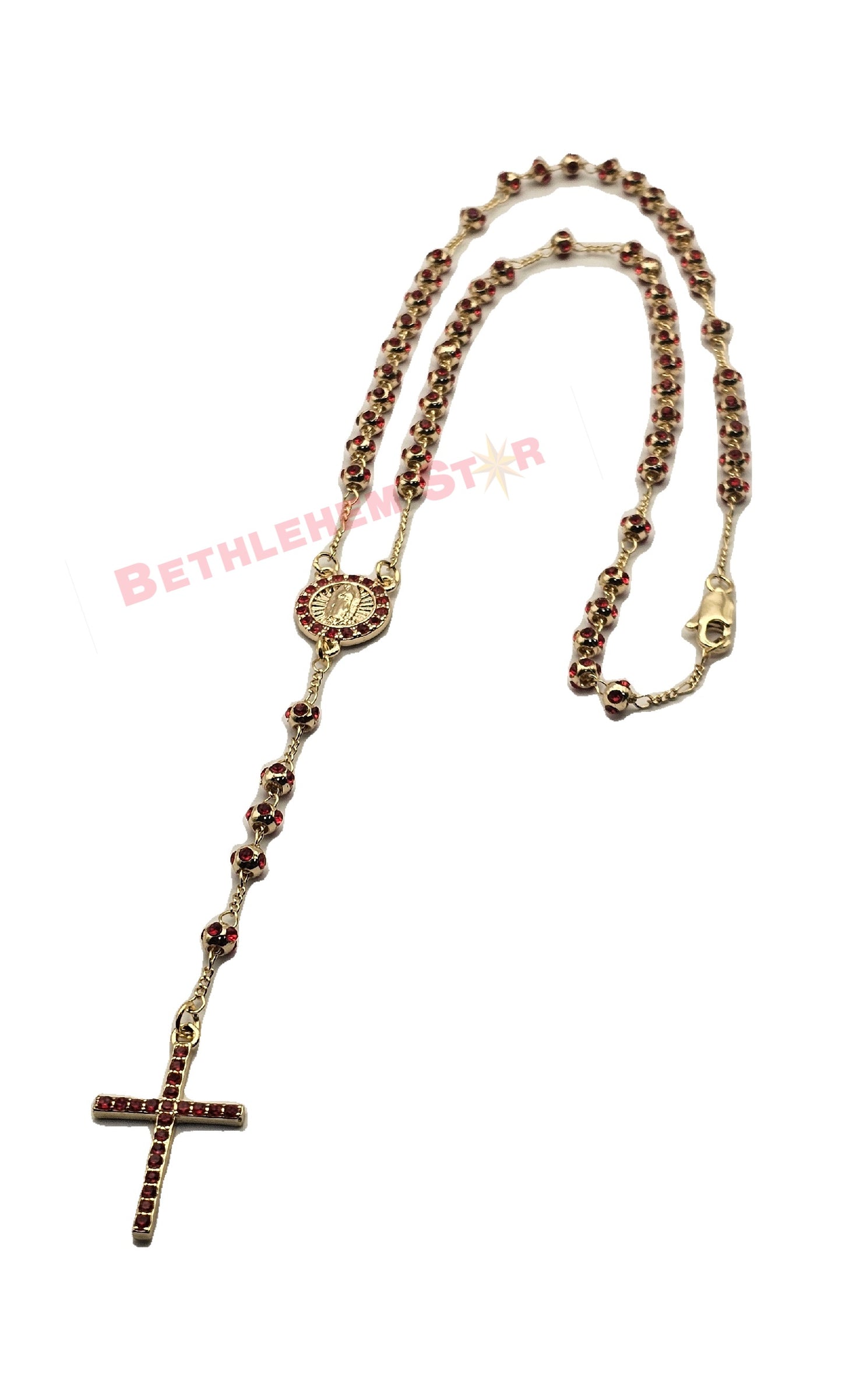 Virgin Mary Rosary with Red Crystal Beads