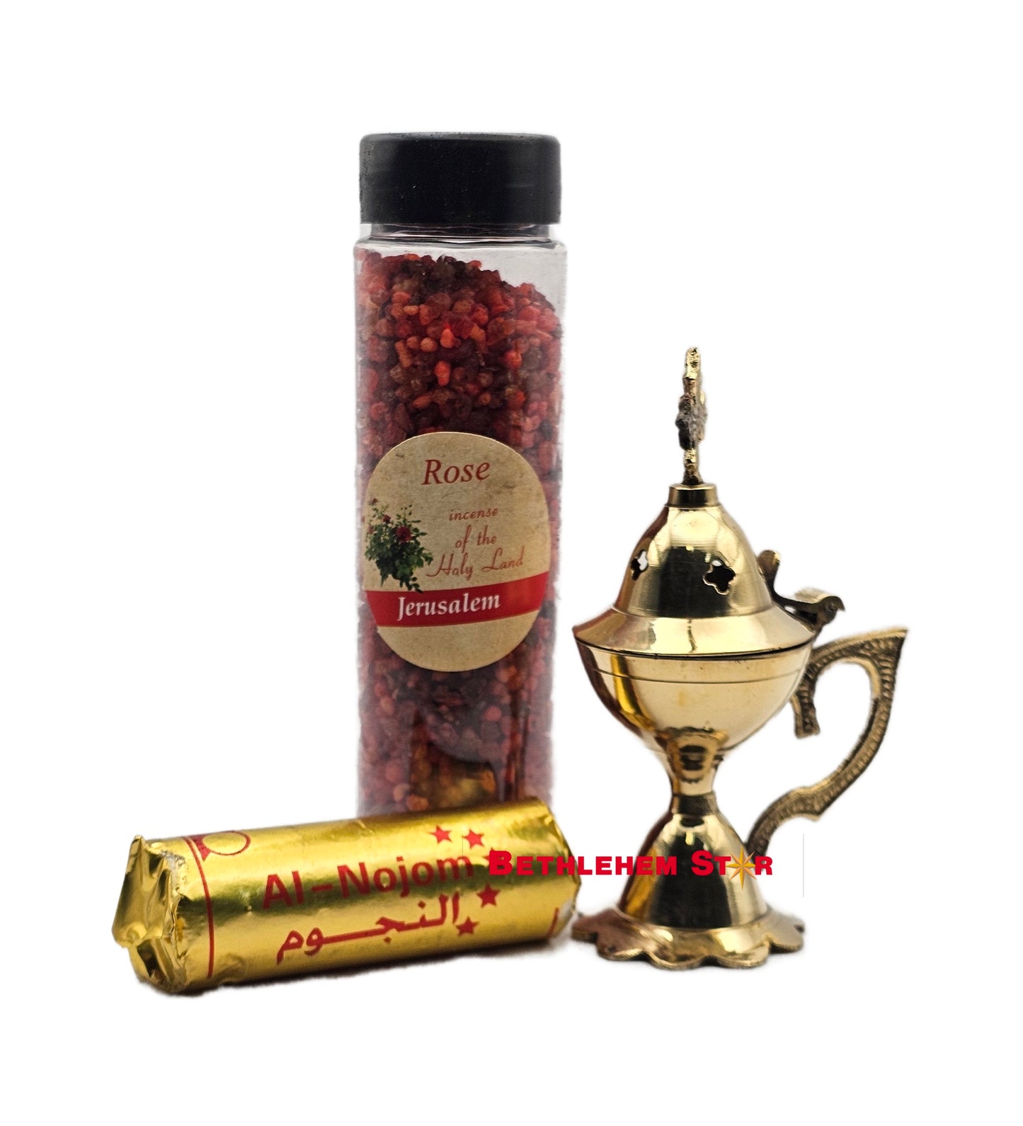 Christian Incense Burner set from The Holy Land - Gold Brass Cross, incense and a pack of charcoals