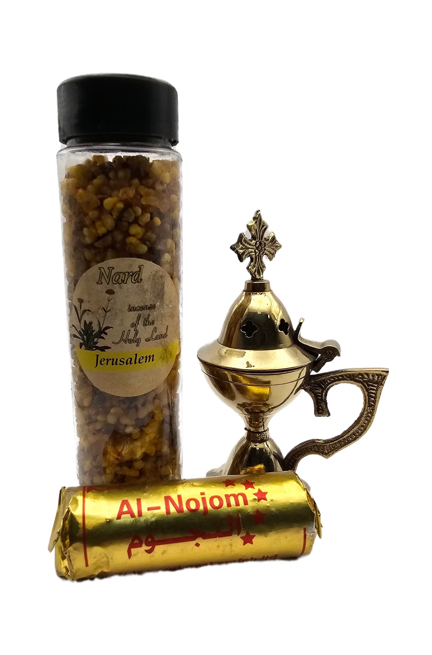 Christian Incense Burner set from The Holy Land - Gold Brass Cross, incense and a pack of charcoals