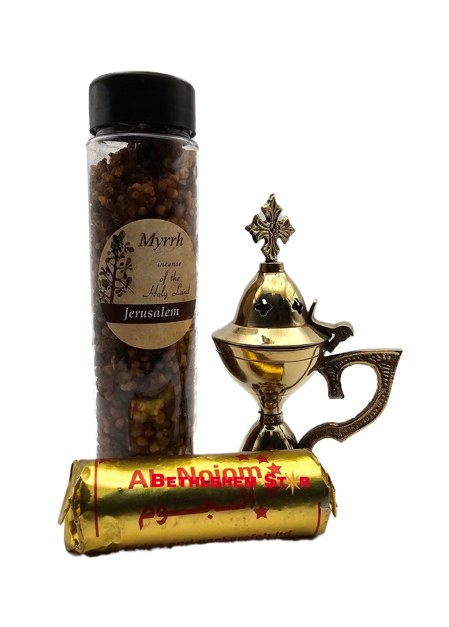 Christian Incense Burner set from The Holy Land - Gold Brass Cross, incense and a pack of charcoals